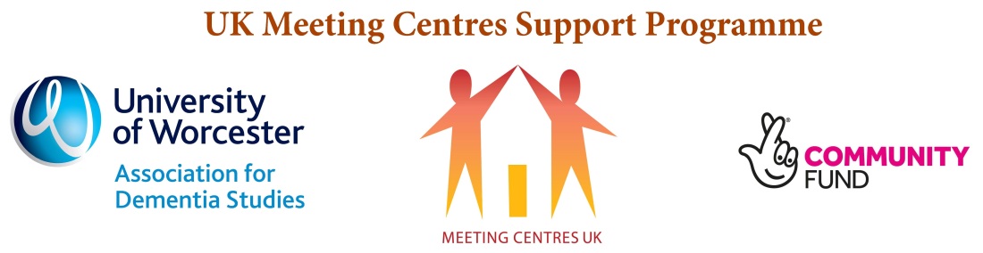 Logos for Association for Dementia Studies, Meeting Centres UK and National Lottery Community Fund