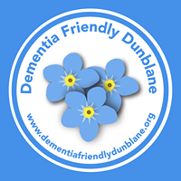 The Dementia Friendly Dunblane logo with three forget me not flowers