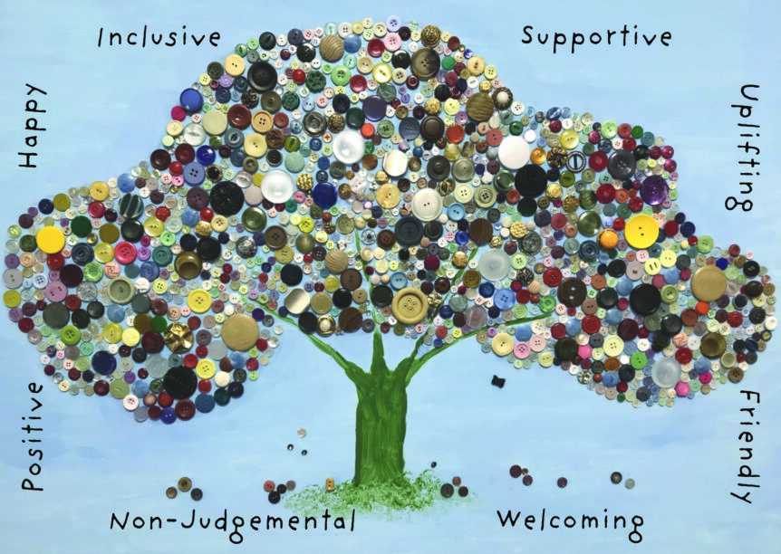 An image of a tree made up of buttons, with words such as welcoming and inclusive around the outside. This is an example of one of the activities carried out at the Meeting Centre