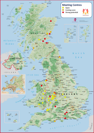 Map of the UK showing dots for each Meeting Centre that is open, coming soon, or has strong potential