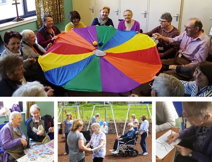 A series of photos taken from their website, showing people joining in different activities such as crafts and outdoor exercise