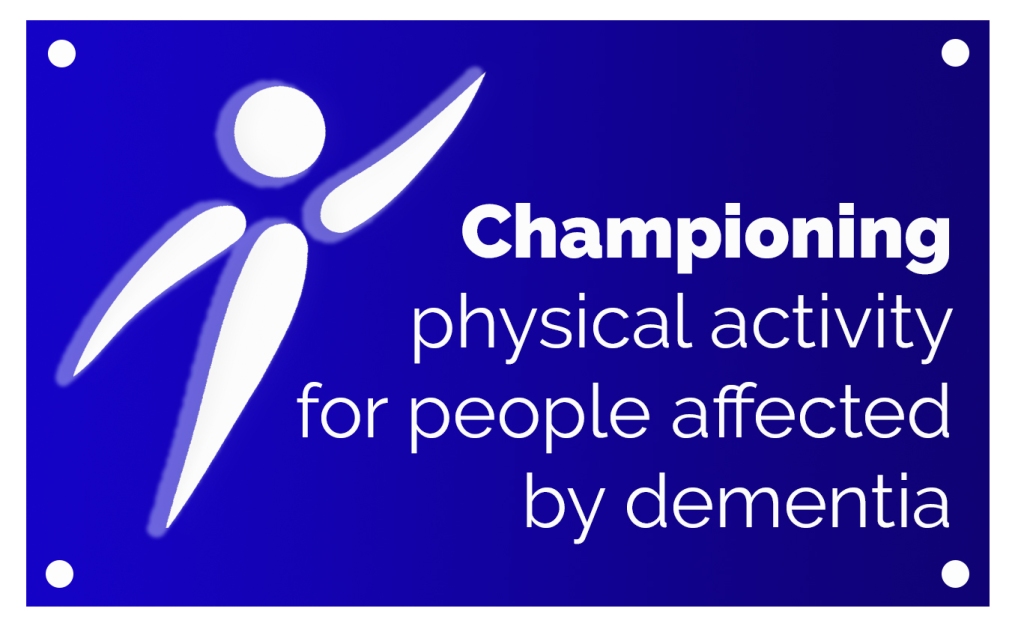 The course logo, showing a stylised figure with its arm outstretched, and the course title 'Championing physical activity for people affected by dementia'