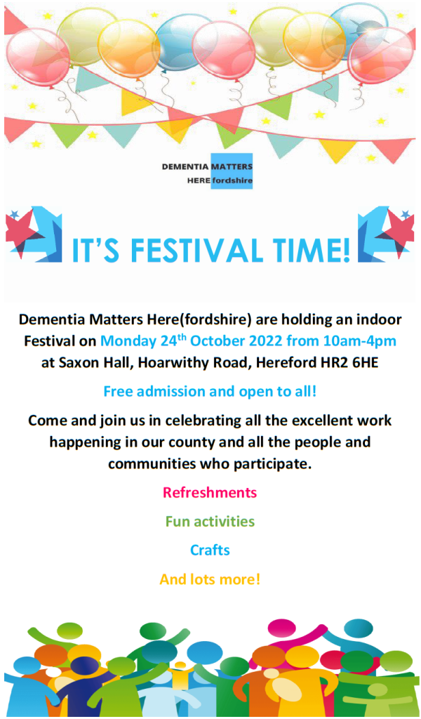 Flyer for the festival, the key details are: Monday 24th October 10am until 4pm, Saxon Hall, Hoarwithy Road, Hereford, HR2 6HE. Free admission. Refreshments, fun activities, crafts and lots more
