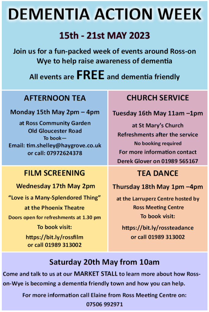 image of flyer providing details of activities during Dementia Action Week such as Afternoon Tea (15th May), a Church Service (16th May), film screening (17th May), Tea Dance (18th May) and market stall (20th May)
