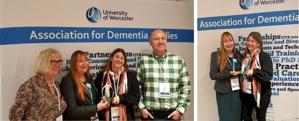 Two photos showing the Alive team receiving the Hennell Award from Dr Shirley Evans (Director of ADS) and Dr Chris Russell who oversaw the judging process