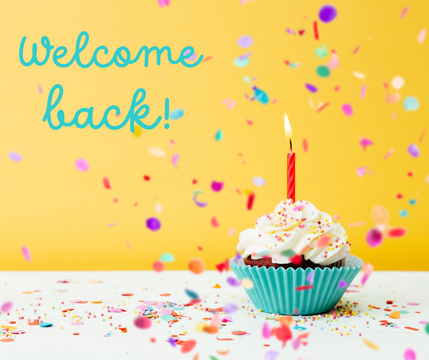 image showing a cupcake with a candle in, with confetti falling and the words 'Welcome back!'