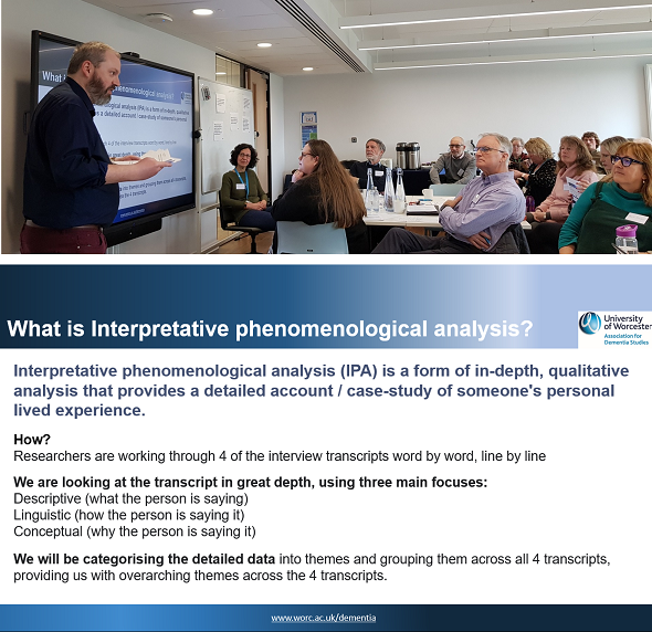 Image showing Thomas presenting to the group above a copy of the slide providing information about interpretative phenomenological analysis