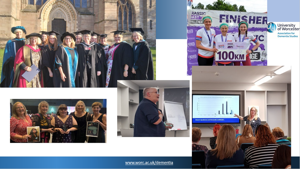 Image of a slide showing a selection of photos of our students as graduation, being presented with the Hennell Award, at the end of the 100km event, and presenting at a conference.