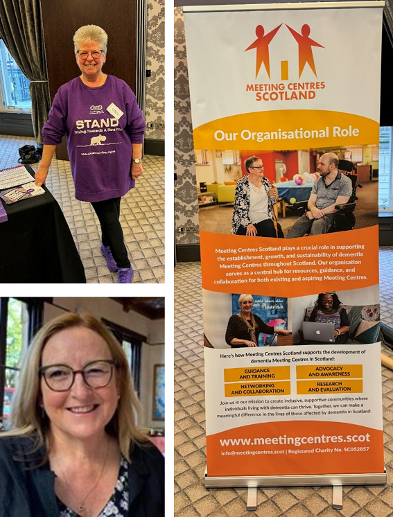 image made up of three photos: one showing Ruth McCabe wearing a purple t-shirt with ‘STAND’ printed across the front, next to a table with leaflets on; one showing Dawn Brooker; one showing a pull-up banner for Meeting Centres Scotland