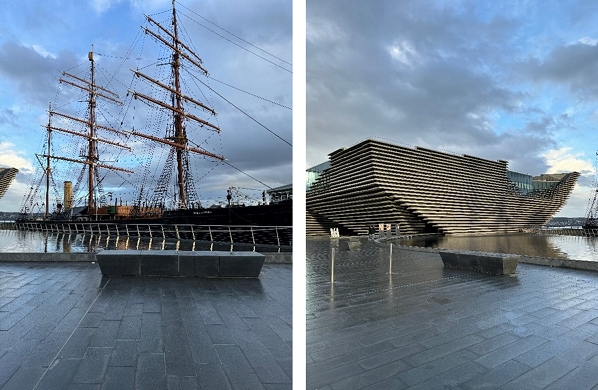 image showing two photos of the historic ship RRS Discovery, and the Discovery Point building which also looks like a ship
